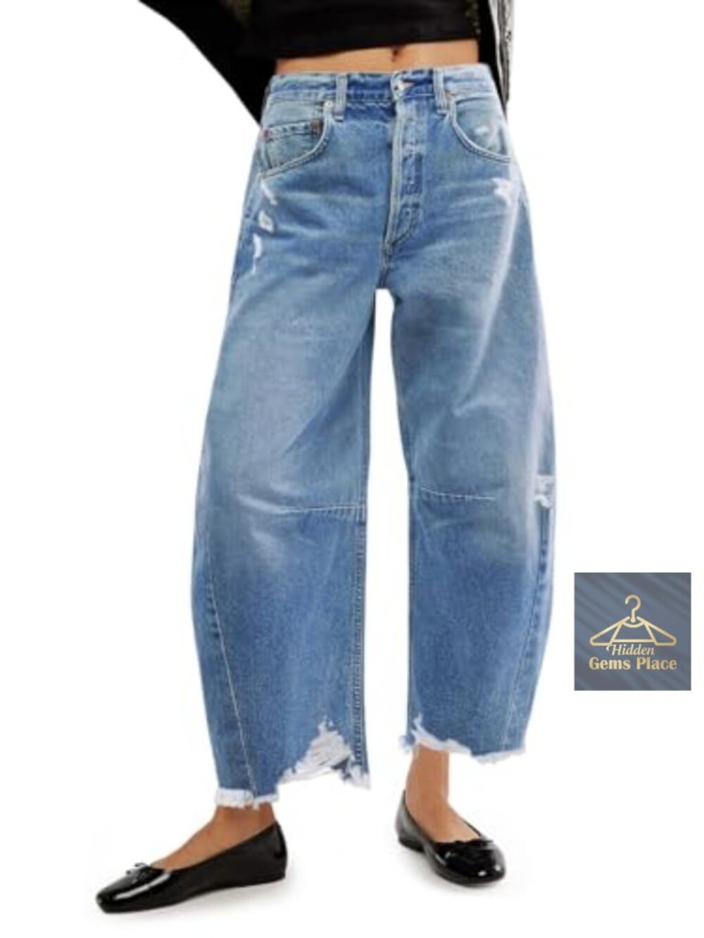 Baggy Barrel Jeans Cropped Boyfriend Wide Leg Raw Hem Denim Pants